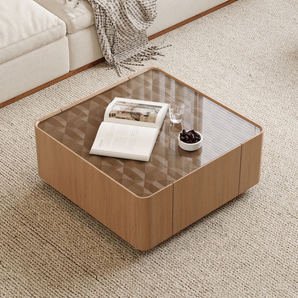 31.5-Inch Square Coffee Table with Storage Drawers,Modern Wooden Coffee Table with Glass Top ,Tea Table Center Tables
