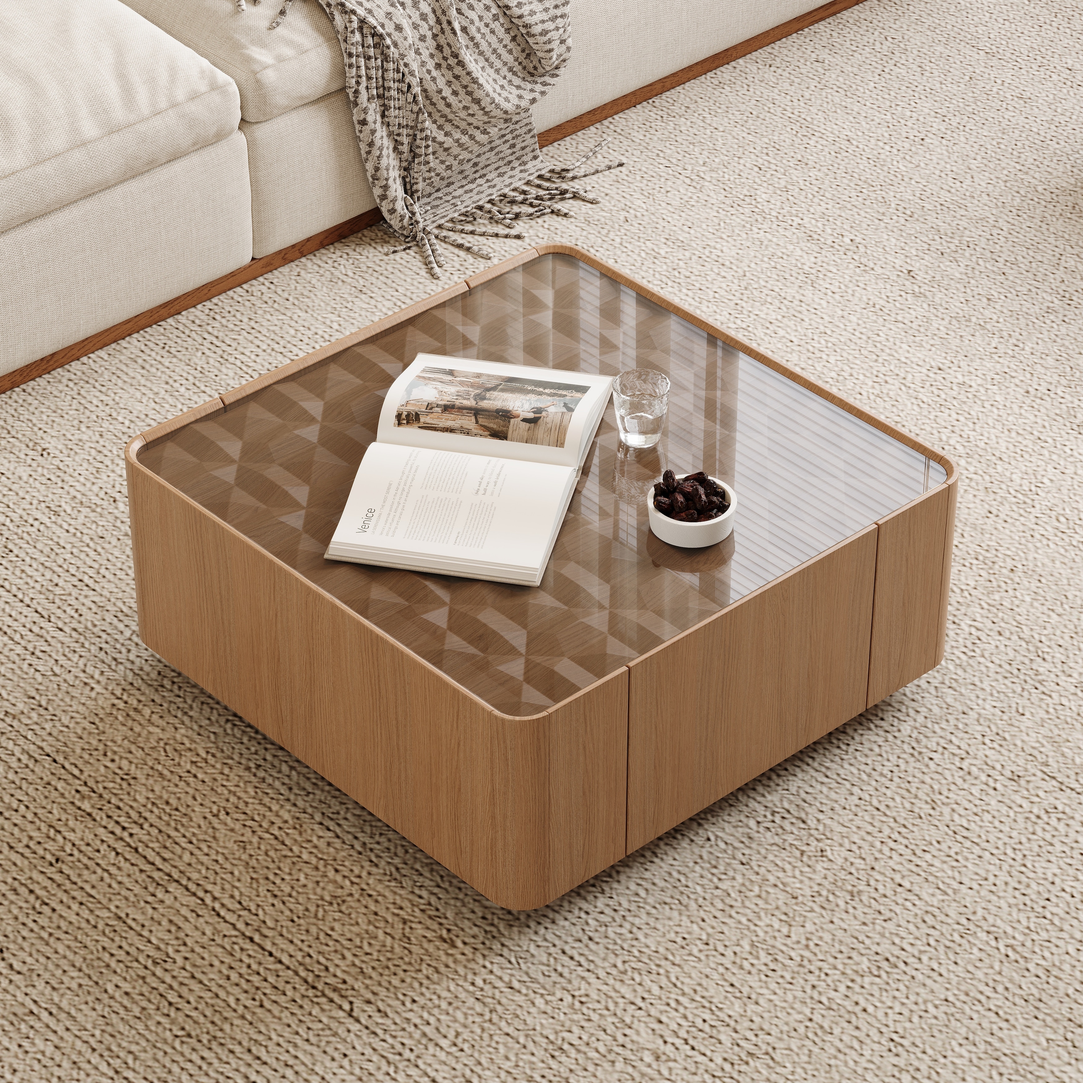 31.5-Inch Square Coffee Table with Storage Drawers,Modern Wooden Coffee Table with Glass Top ,Tea Table Center Tables