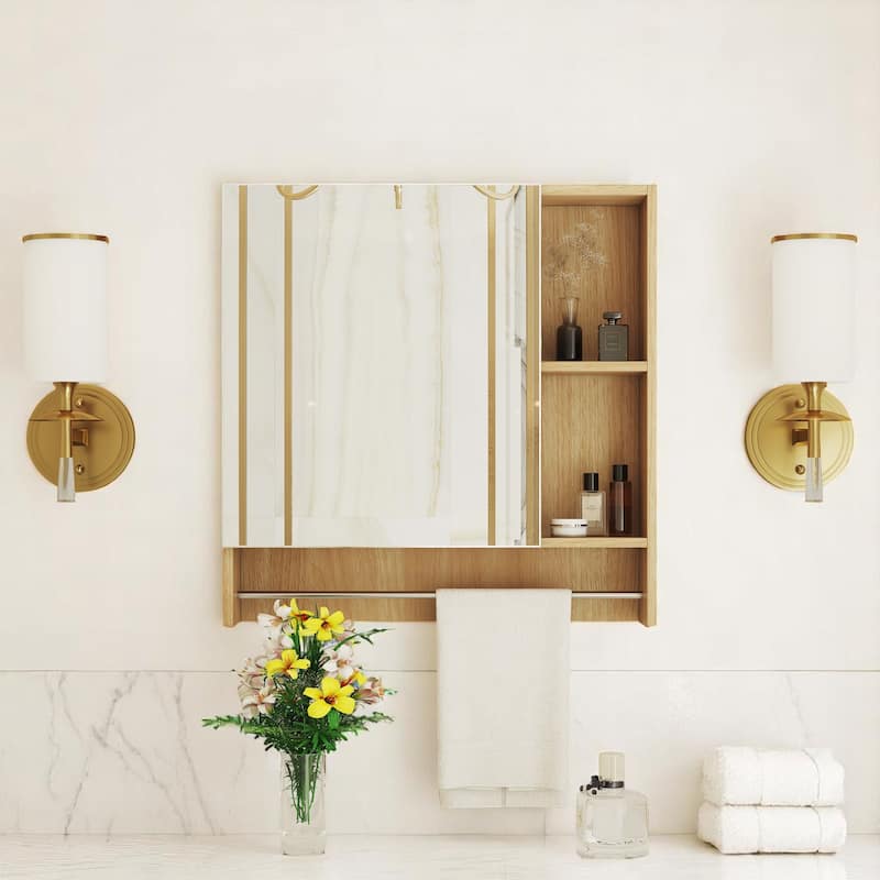 Bathroom Wall Cabinet with Mirror, Hidden & Open Storage, Towel Rack, Space-Saving Medicine Cabinet - Wood