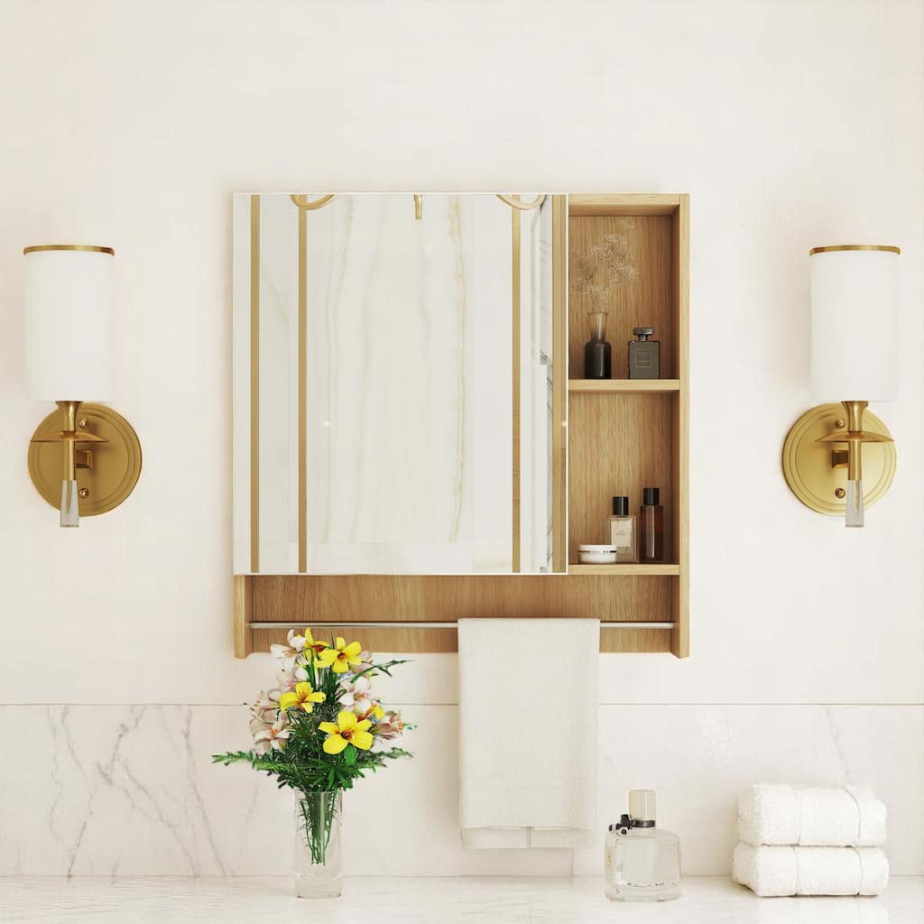 Bathroom Wall Cabinet with Mirror, Hidden & Open Storage, Towel Rack, Space-Saving Medicine Cabinet