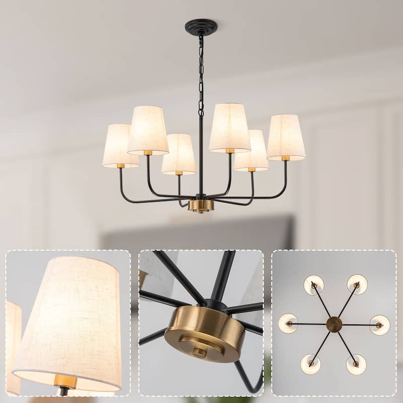 6-Light Metal Chandelier with White Linen Shades
