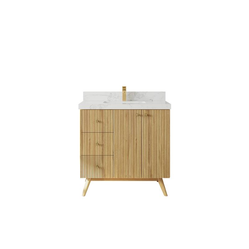 Willow Collections 36 in. W x 22 in. D Pasadena Solid Teak Center Sink Bathroom Vanity with Countertop - 2"Calacatta Nuvo - Light Natural