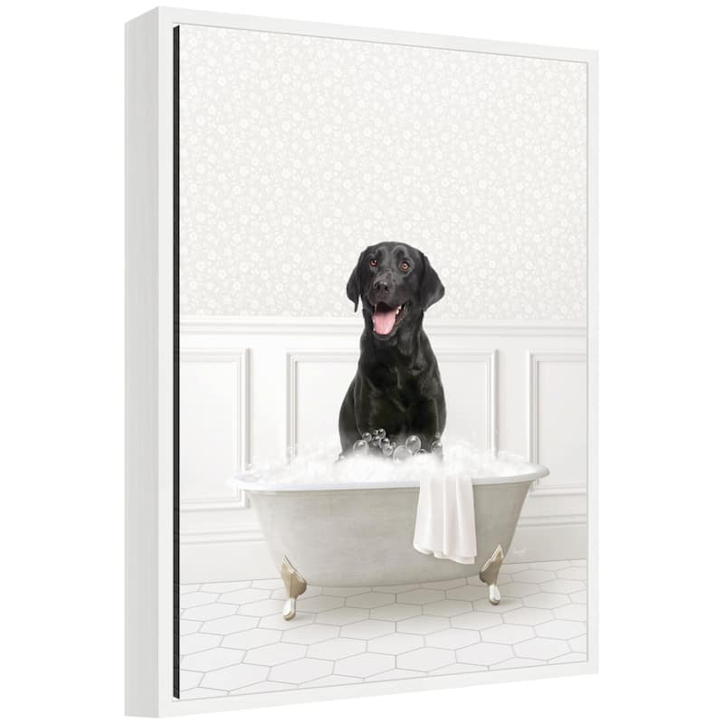 Kate and Laurel Sylvie Black Lab in White Bathtub Framed Canvas by Amy Peterson - White
