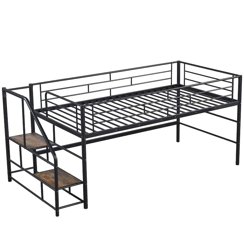 Black Twin Size MDF Metal Mid Loft Bed with Storage stairs and Fence for Kids, Boys and Girls, Bedroom