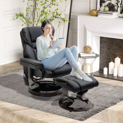 Black Faux Leather 360° Swivel Manual Recliner Set with Ottoman, 10 Vibration Massage Points, Side Pocket