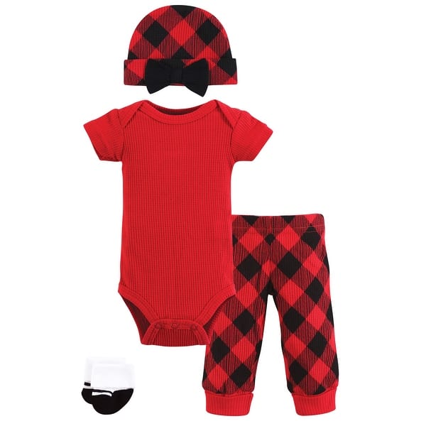 slide 1 of 1, Hudson Baby Girls Thermal Preemie Layette Set 4pc Short Sleeve Outfit, Girl Buffalo Plaid, Preemie Preemie - Girl Buffalo Plaid Short Sleeve