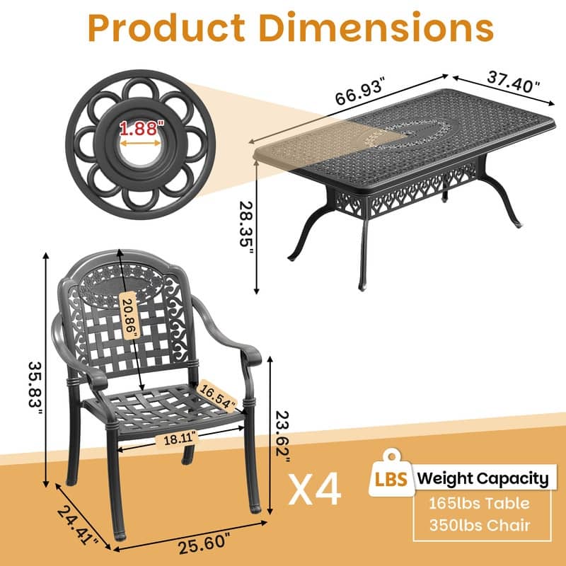 5-Piece Cast Aluminum Outdoor Dining Set with Seat Cushions