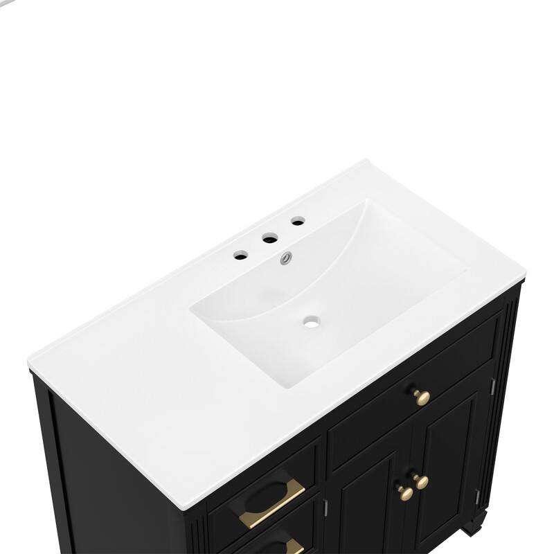 36" Bathroom Vanity w/ Ceramic Sink, Freestanding Bathroom Vanity Cabinet w/ 3 Side Drawers, 1 Tip-out Drawer & Adjustable Shelf