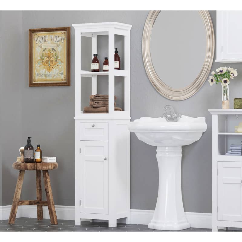 COSTARS Home Bathroom Freestanding Storage Cabinet with Two Tier Open Shelves, Tall Slim Tower with Door and Drawer