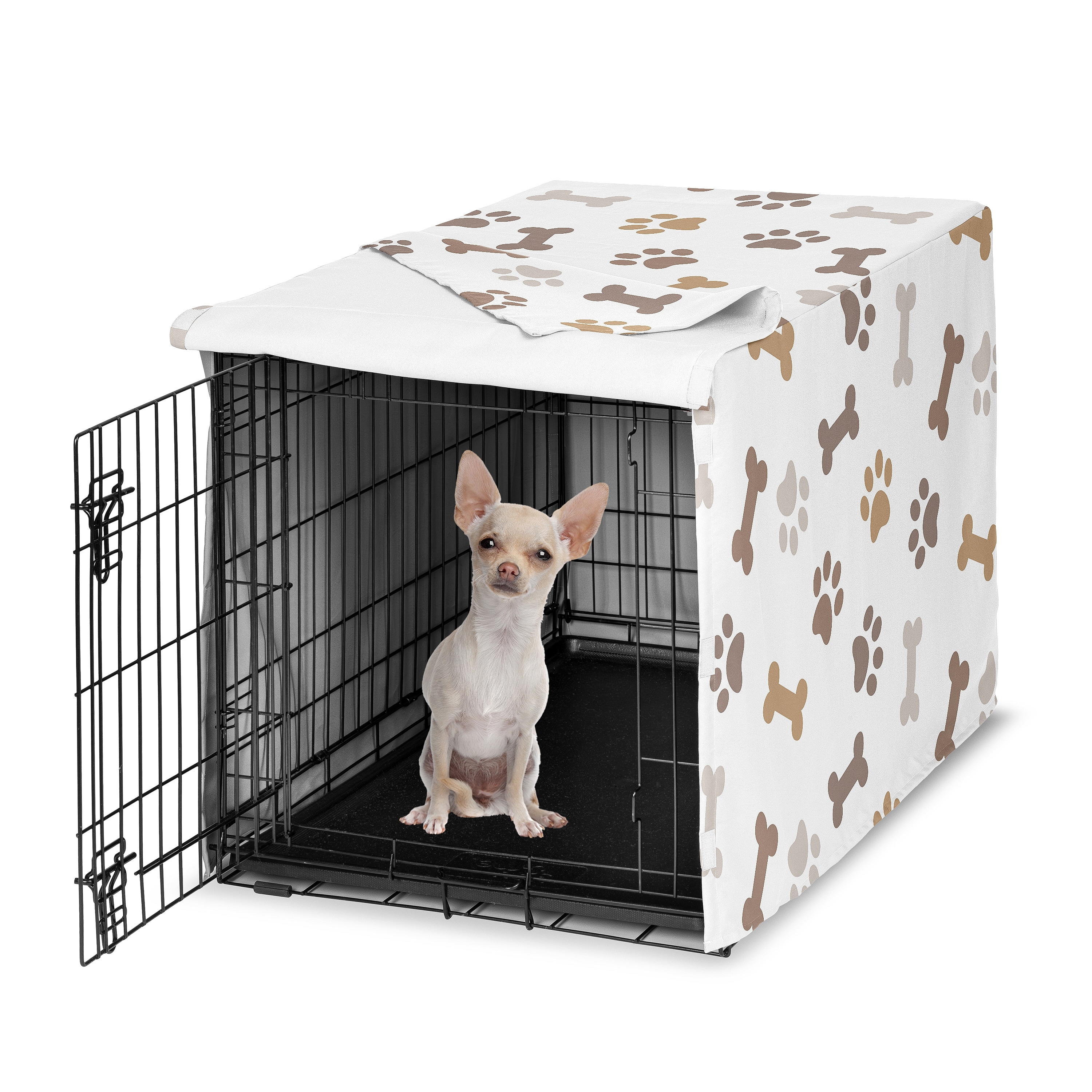 Sweet Jojo Designs Bone Paw Print Dog Crate Kennel Cover 24in. Neutral Grey Taupe Brown Modern Off White Gray Tan Puppy