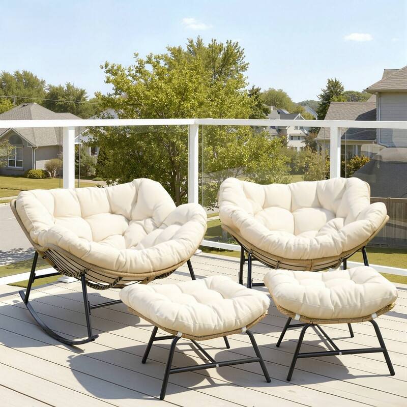 FINCATI Indoor Outdoor Royal Papasan Rocking Chair, 450 lbs Capacity Outdoor Papasan Rocking Chair with Padded Cushion - 4 PCS-Beige