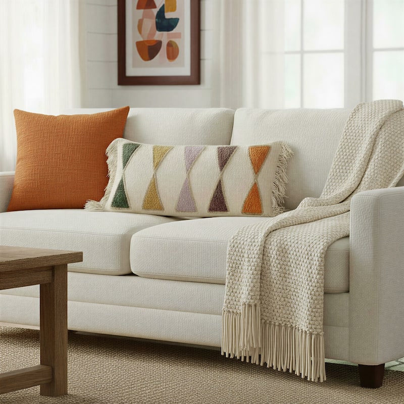 Cotton Lumbar Pillow with Embroidery and Fringe - Earthen Multicolors