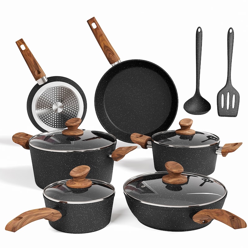 Kitchen Cookware Sets Nonstick, 12 Piece Pots and Pans Set Granite Cooking Set - Black
