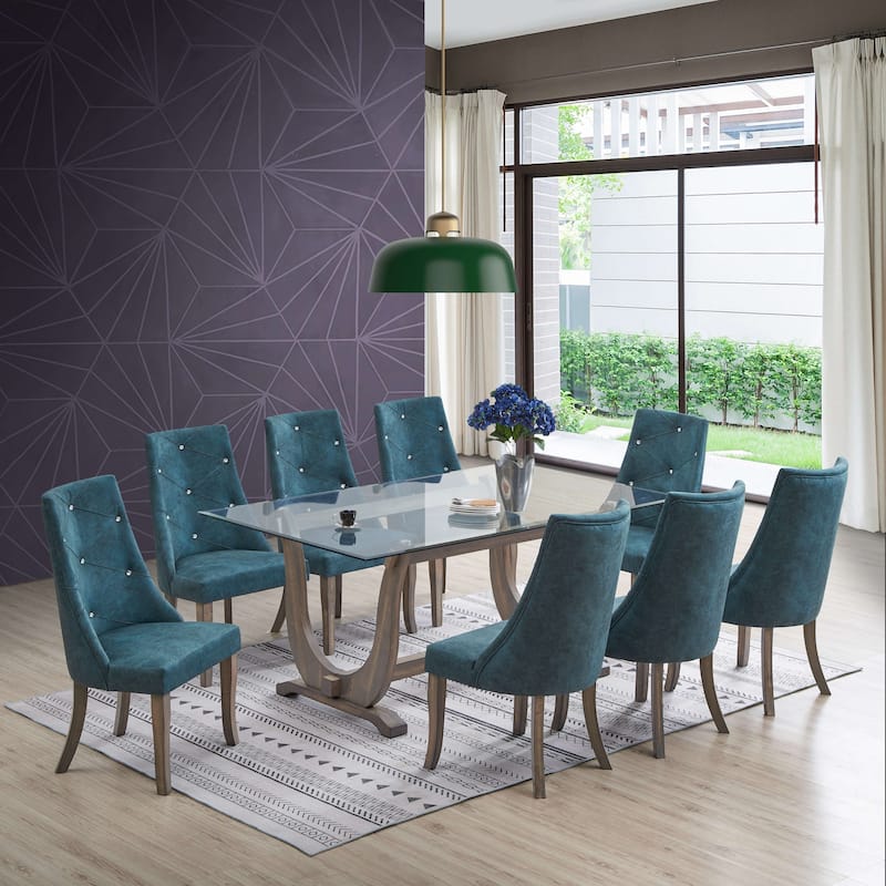 Crystal-Tufted Upholstered Fabric Dining Room Chairs, Set of 2, Blue