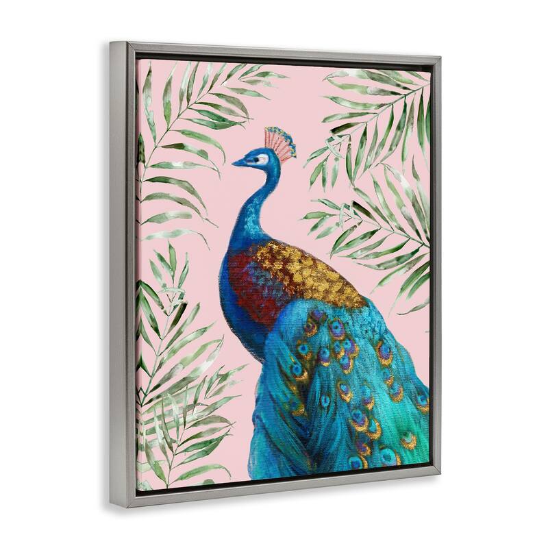 Stupell Elegant Peacock & Palm Sprigs Framed Floater Canvas Wall Art Design By Nan