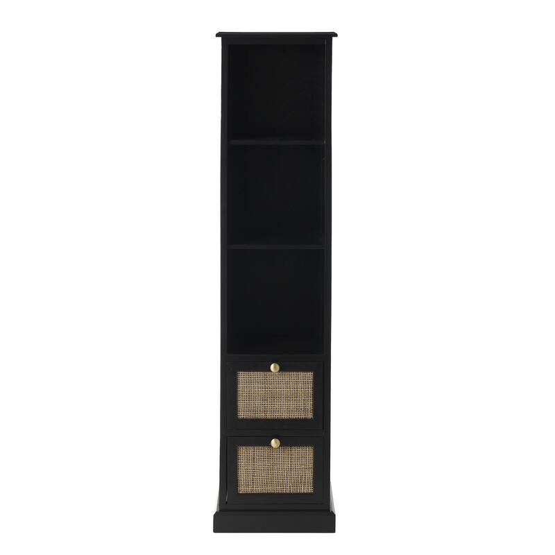 Wood 2 Drawer and 3 Shelf Cabinet with Rattan Front - Black - Roche River Decor