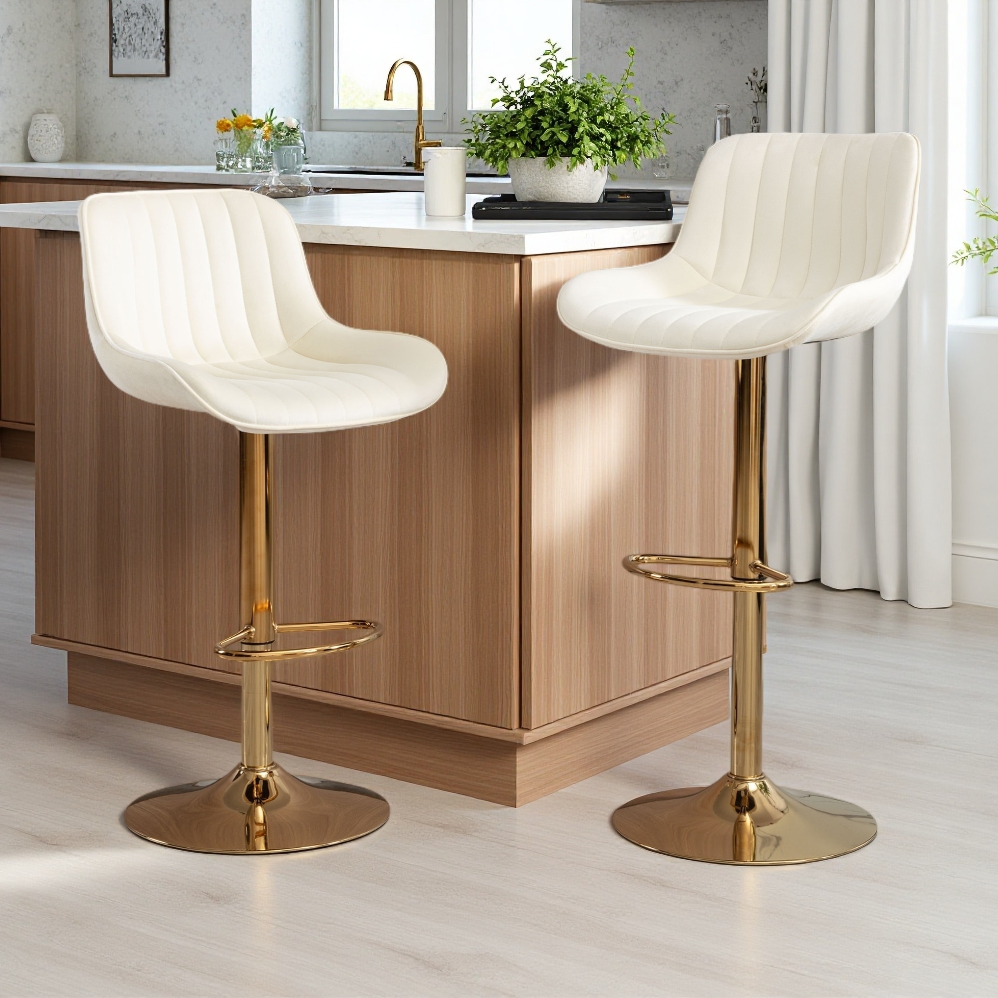 Velvet Adjustable Swivel Bar Stools with Chrome Footrest and Metal Legs, Set of 2