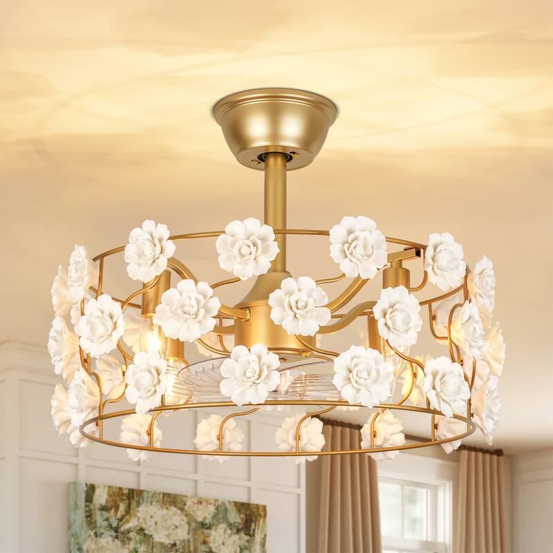 20.5 in. 4-Light Modern Gold Ceiling Fan with Flower Accents and Remote Control - 20.47 in. W x 8.07 in. H - 20.47 in. W x 8.07 in. H - Gold - Remote