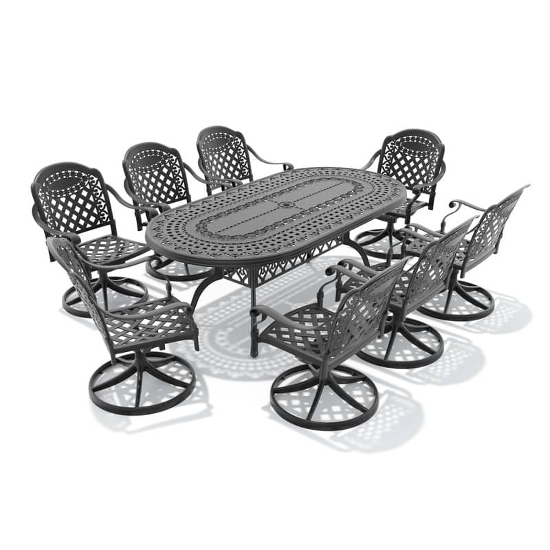 9-Piece Aluminum Oval Outdoor Patio Dining Set, 8 Cushioned Swivel Chairs, Table, All-Weather Frames