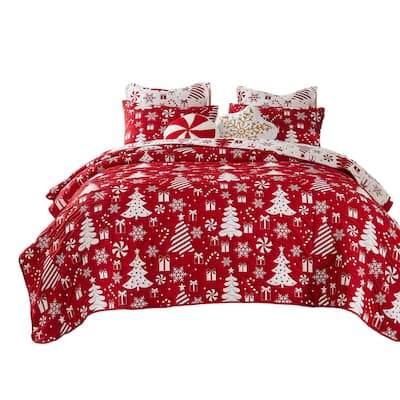 Daru 3 Piece Queen Quilt Set, Red and White Polyester, Christmas Theme
