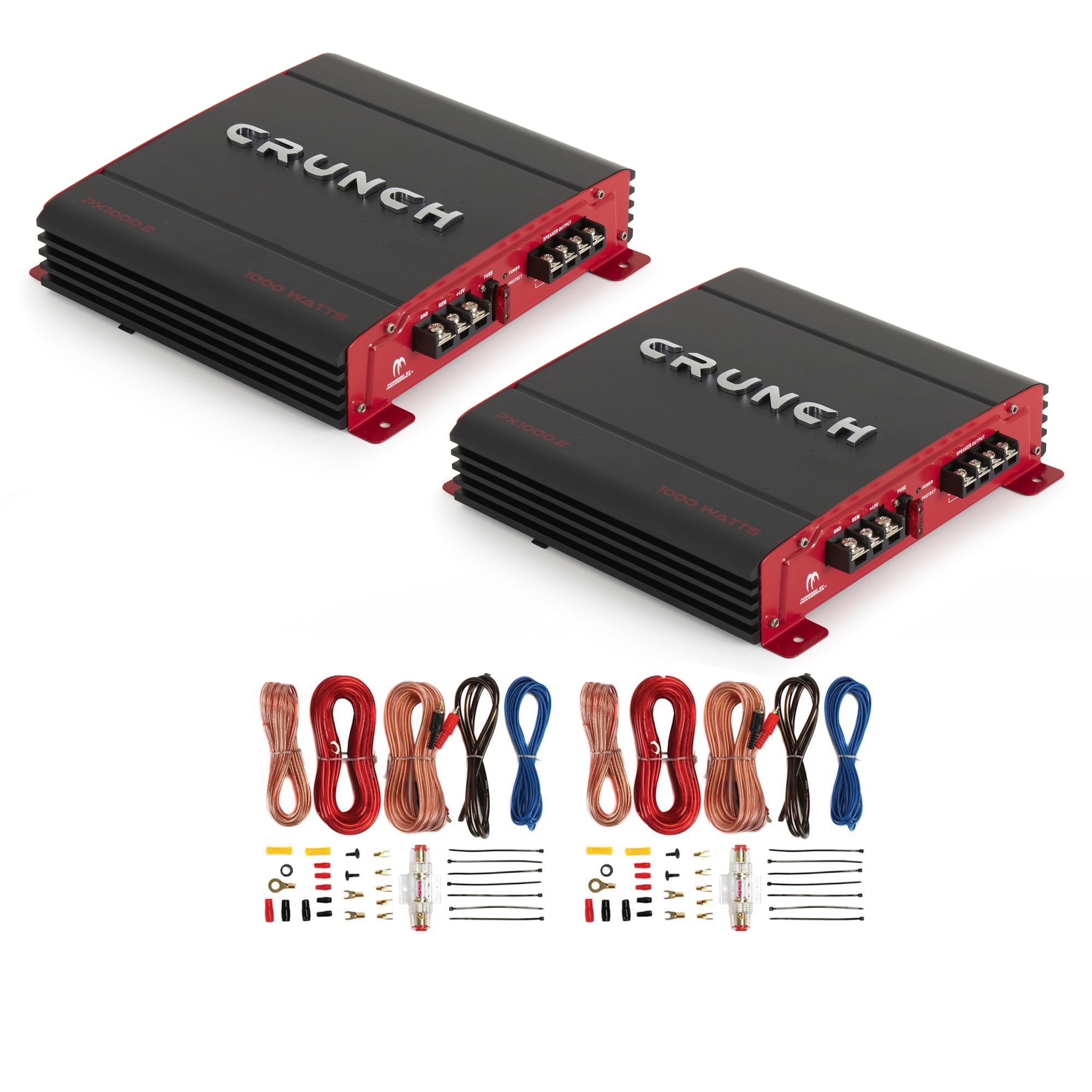 Crunch PX-1000.2 2 Channel 1000W Car Stereo Amplifier + Amp Wiring Kit (2 Pack) - Red