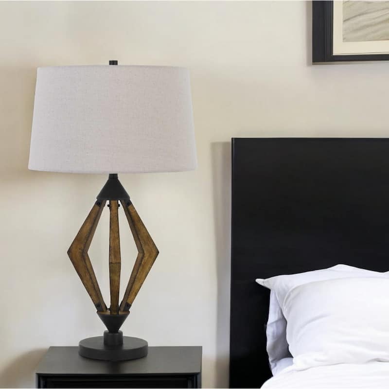 Black Metal Lantern Table Lamp with Dimmable Grey Fabric Shade - 18” x 18” x 30” - Black-Grey