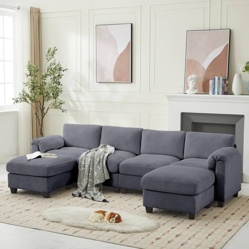 Corduroy Sectional Sofas with 2 Removable Ottomans, U-shaped Symmetrical 6-Seat Modular Couch