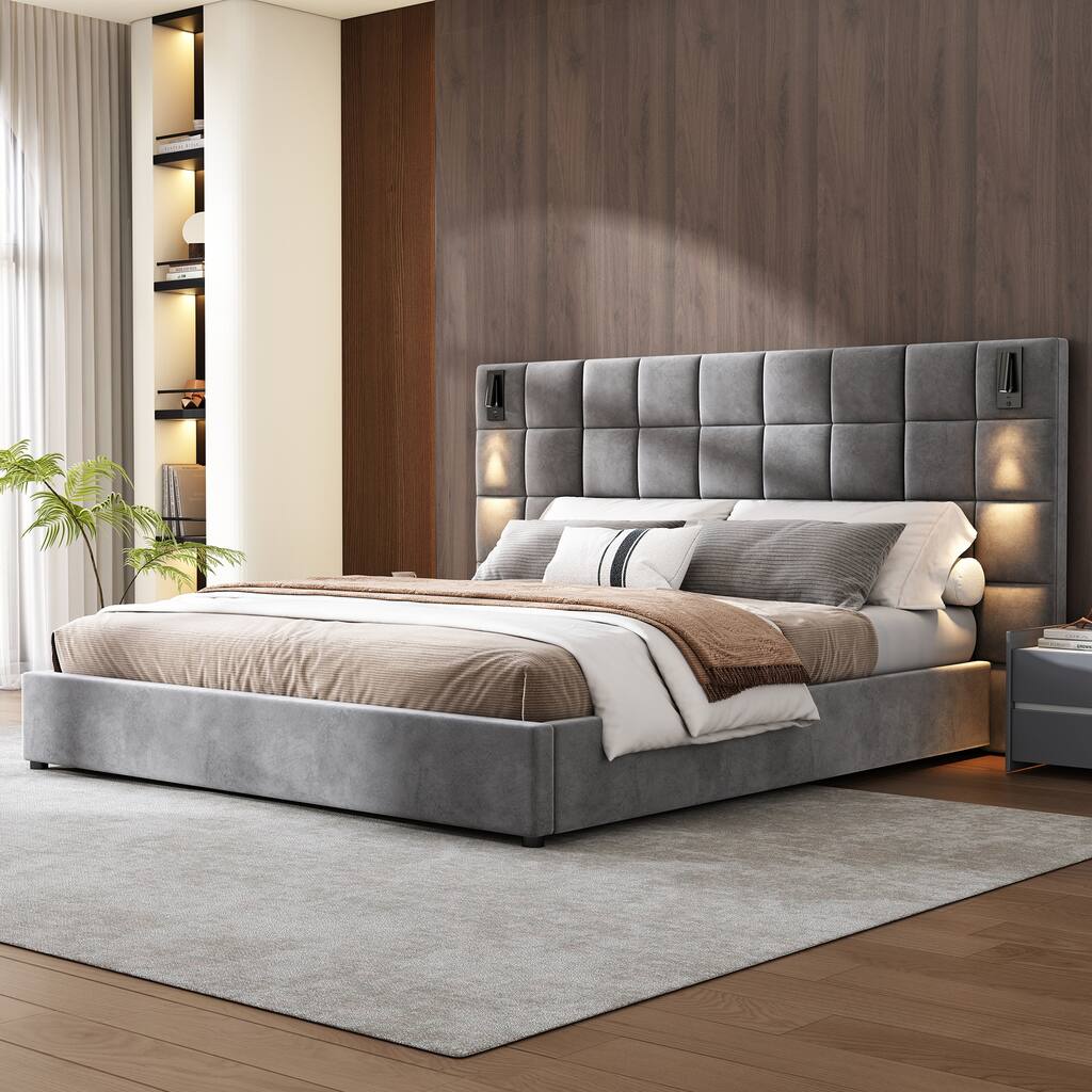 Roomfitters Modern California King Upholstered Bed Frame with USB Ports and Wall Sconce, Velvet, Gray