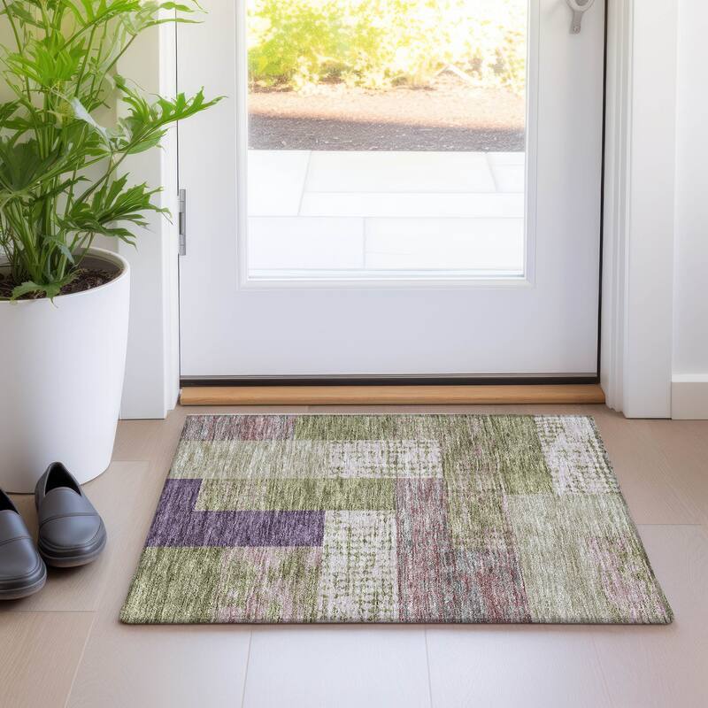 Machine Washable Indoor/ Outdoor Modern Blocks Chantille Rug