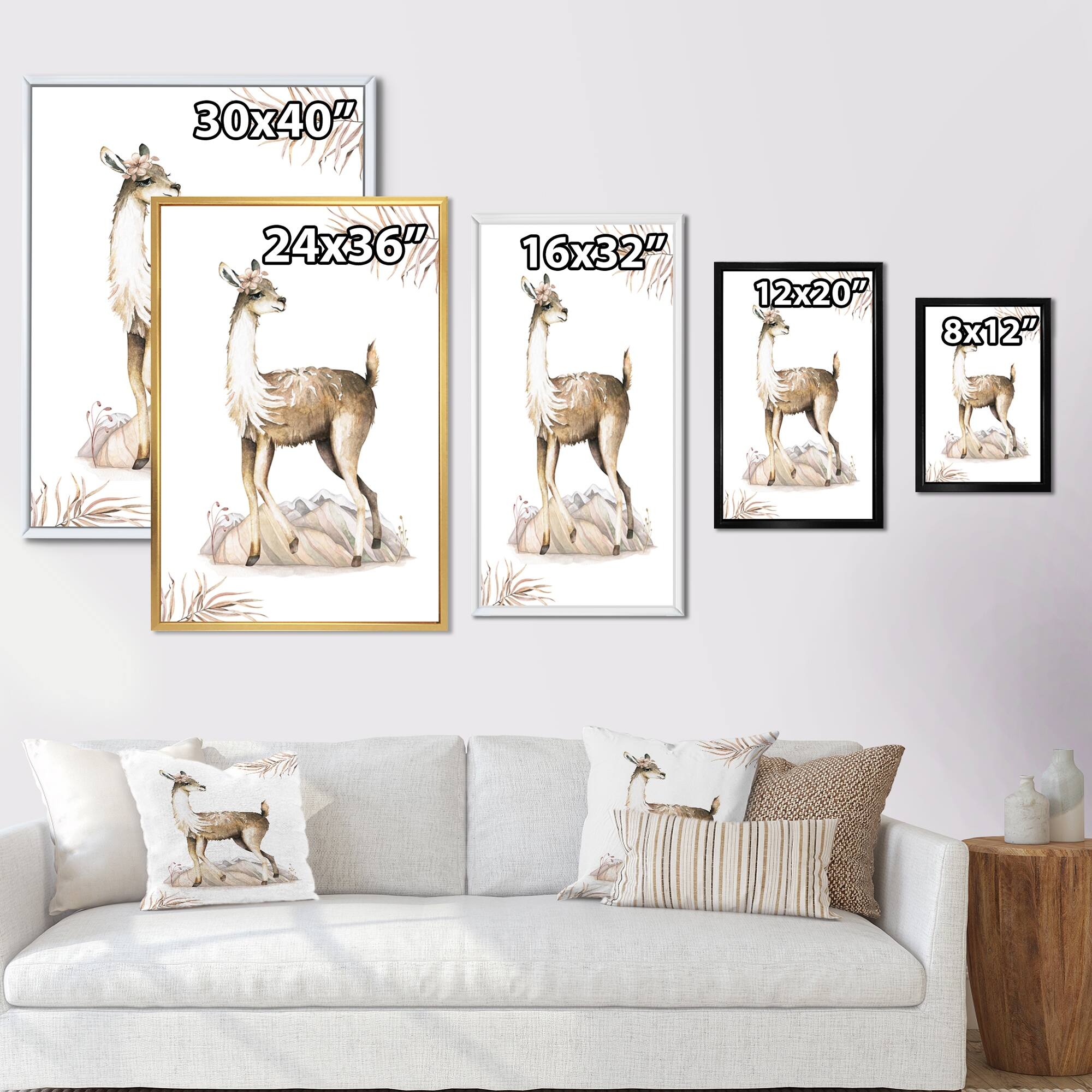 Designart "Cute Lama Head Cartoon For Kids III" Traditional Framed