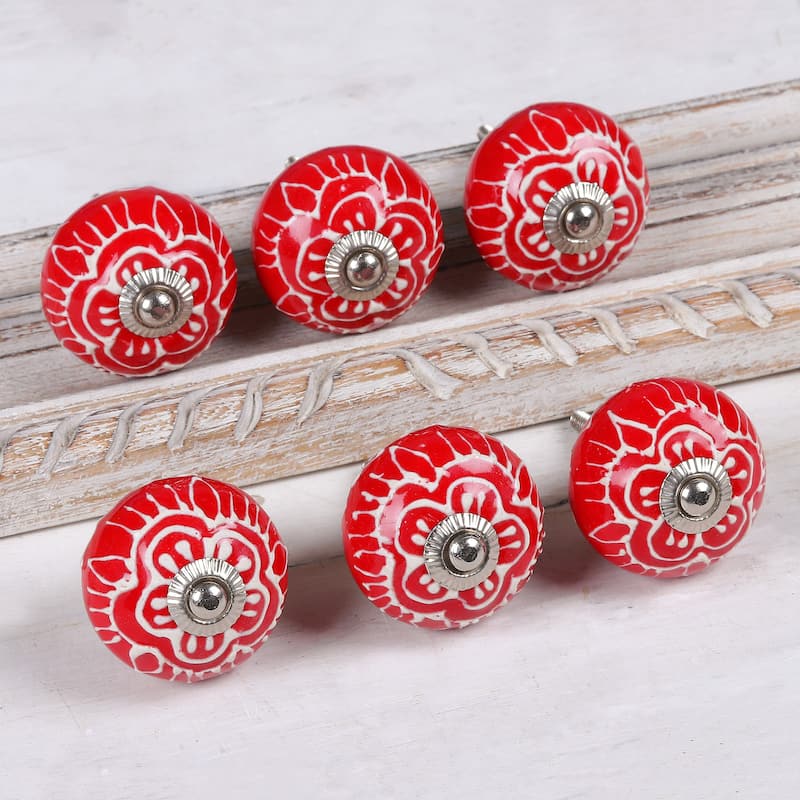 Novica Handmade Red Flowers Hand Painted Knobs (Set Of 6)