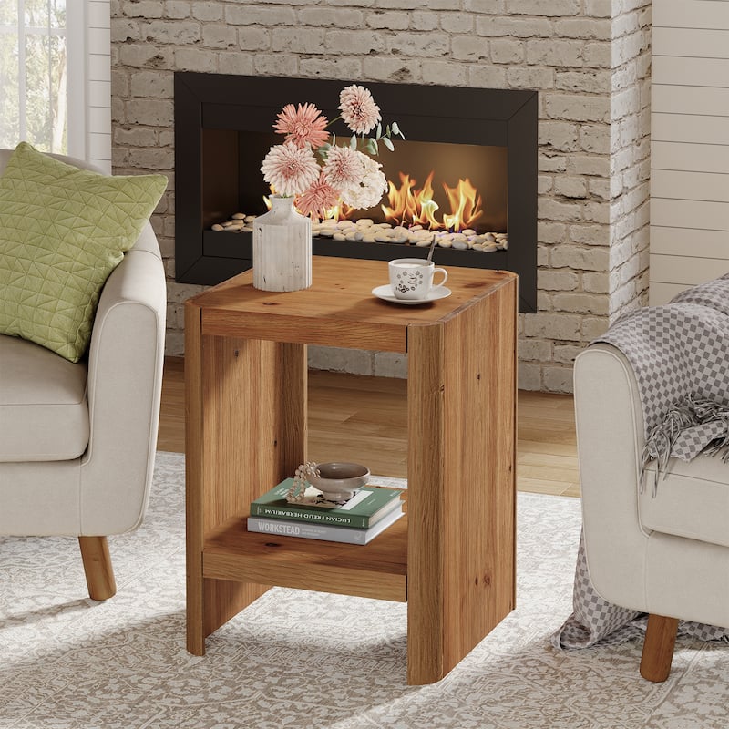 Solid Wood End Table, Side Table with Open Storage Shelf, Living Room Bedroom Accent Nightstand