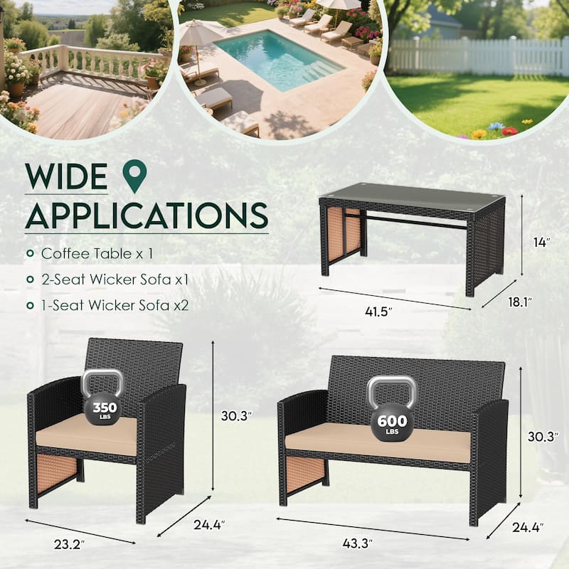 EROMMY 4-Piece Patio Furniture Set with Cushions, Wicker Sofa and Glass Coffee Table, All-Weather PE Rattan Conversation Set.