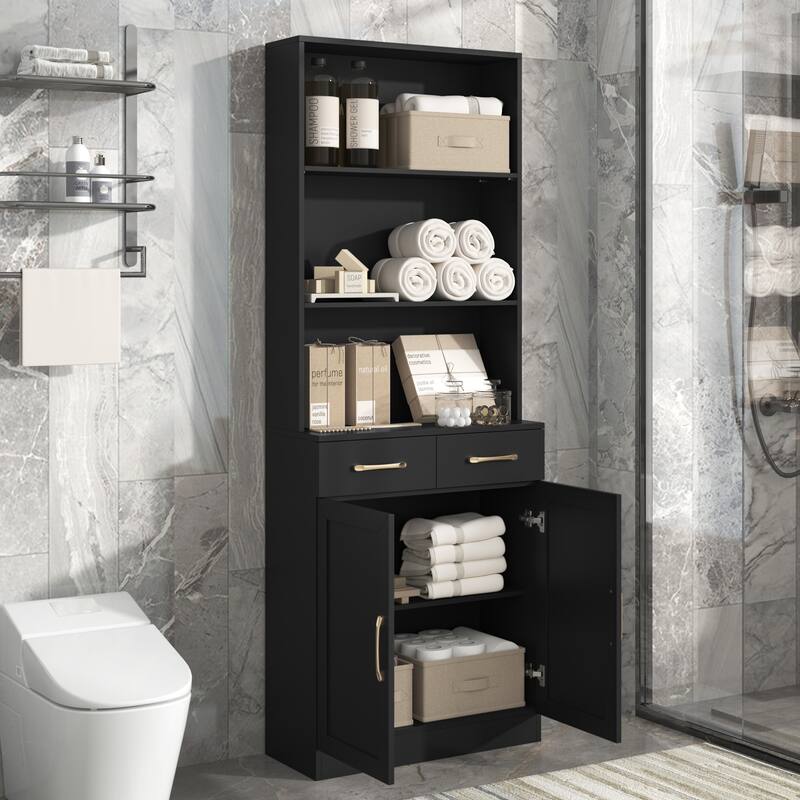 Freestanding Tall Storage Cabinet with Drawers, 3-layer Open Shelves and Adjustable Shelf for Bathroom Kitchen Office Livingroom - Black