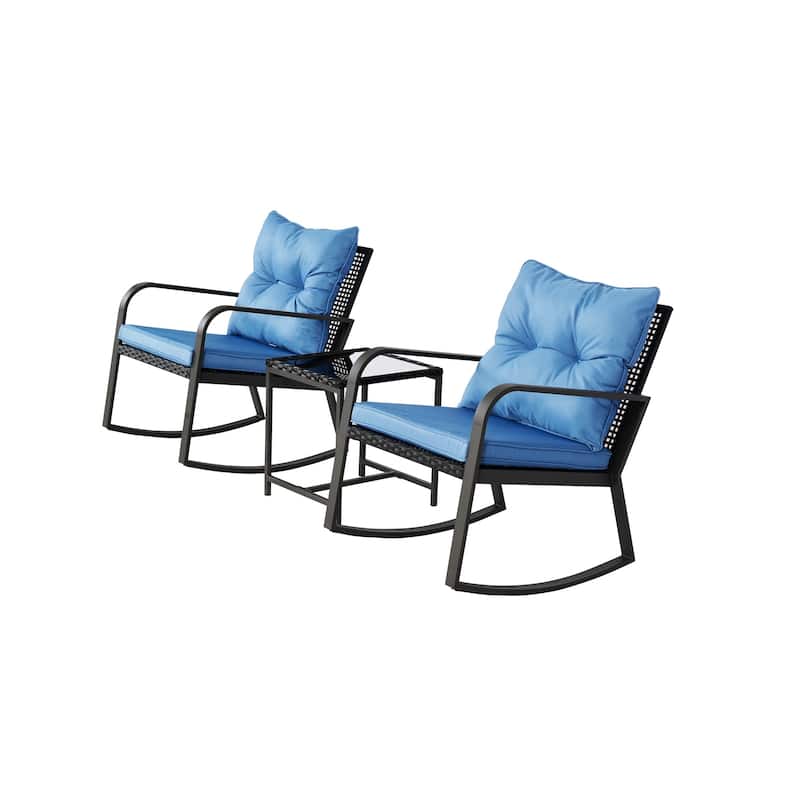 3 Pieces Patio Bistro Set Outdoor Rocking Chair w Blue Cushion for Yard Garden Poolside