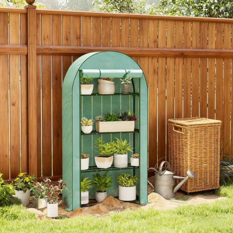GDFStudio - Lean-To Portable Greenhouse with 4-Tier Shelves, UV-Resistant Cover & Roll-Up Door for Patio and Backyard Gardening