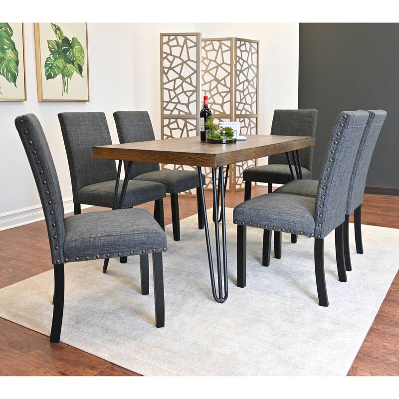 Wooden Dining Table with Metal Hairpin Legs, Gray Vintage Table and Chair Set, Upholstered Side Chairs with Nailhead Trim