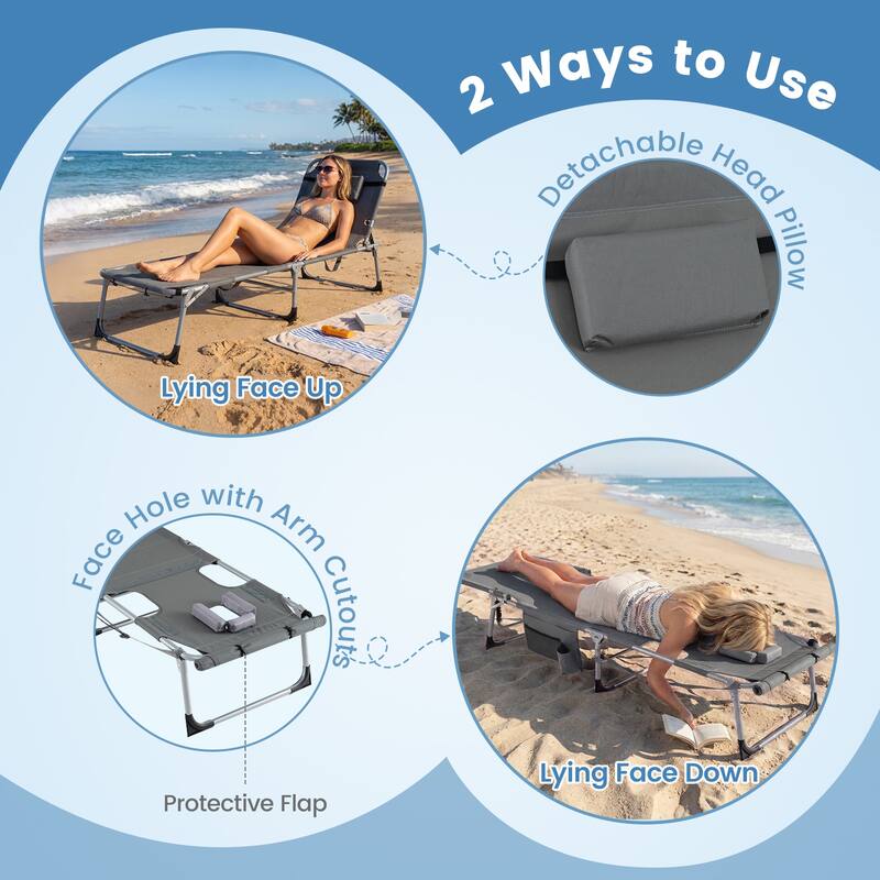 Gymax 2PCS Tanning Chair w/Face Arm Holes 4-Level Backrest & Head