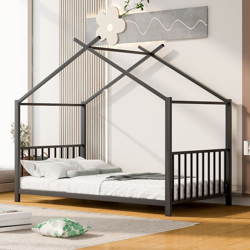 Roomfitters Twin Size Metal House Platform Bed Frame with Modern Minimalist Style and Guardrail - Black - Twin