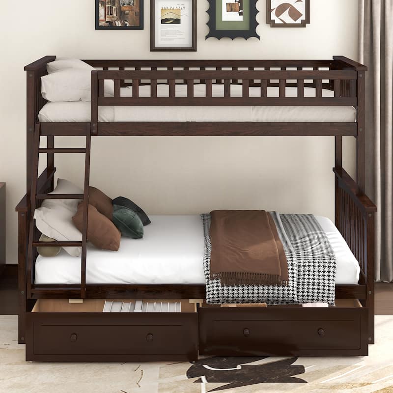 Convertible Twin over Full Bunk Bed with Drawers, Espresso Finish, Sturdy Pine Wood and MDF Construction