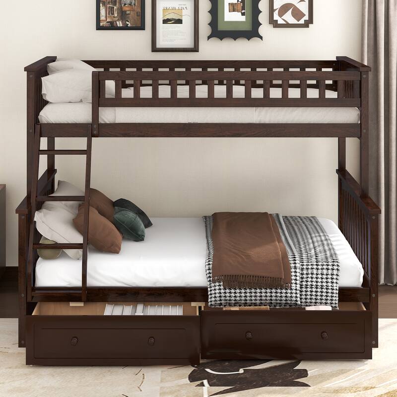 Wooden Storage Bunk Bed Frame with Fence-shaped Guardrails and Pull-out Drawers, Convertible 2 Platform Beds, Detachable Design - Brown - Full