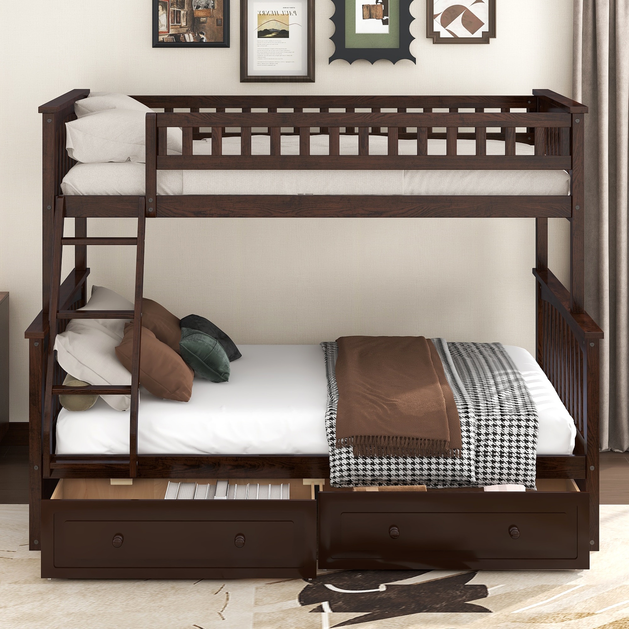 Wooden Twin over Full Bunk Bed with 2 Drawers, Detachable into 2 Beds, Solid Pine Wood Bunk Bed Frame with Fence Guardrail