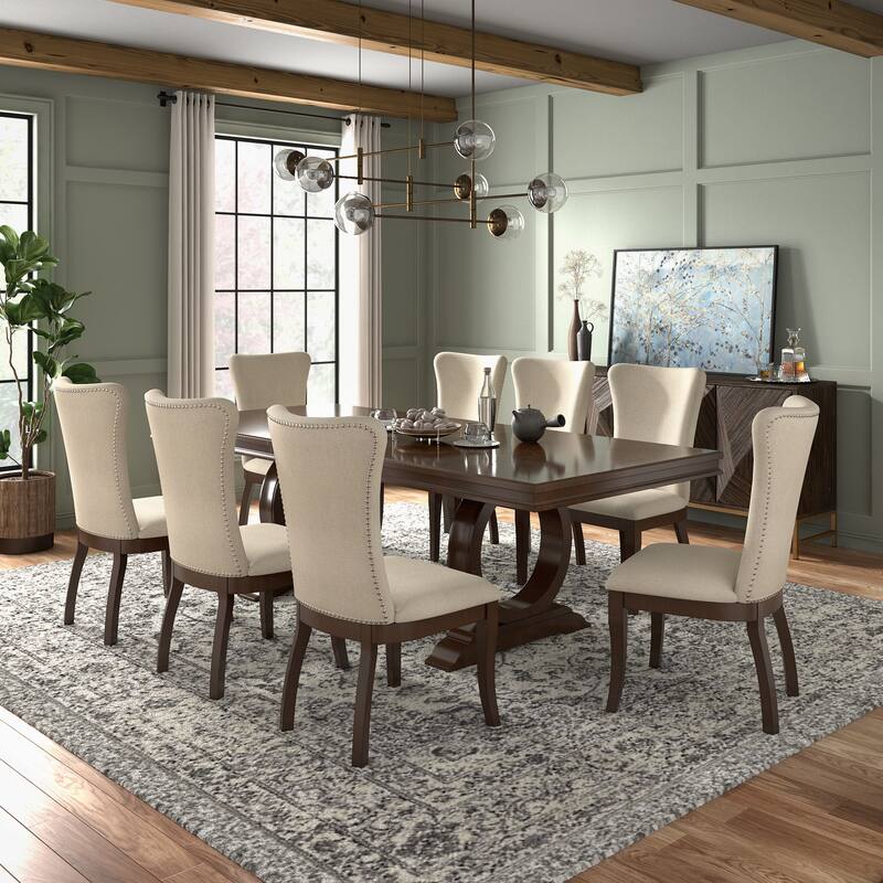 Tallinn Dark Cherry Wood and Beige Fabric Extendable Dining Set