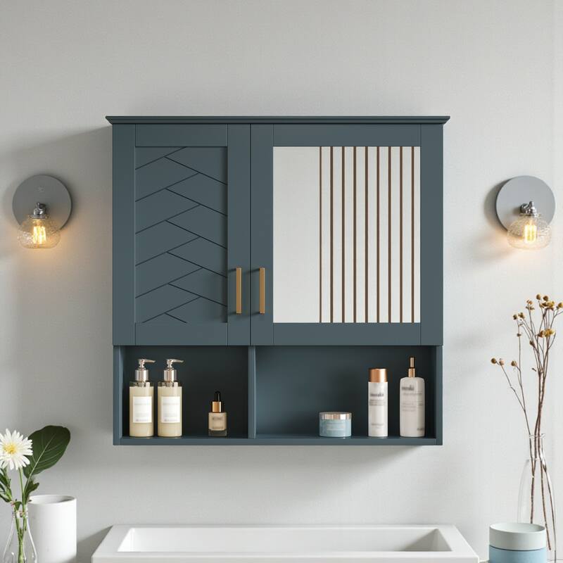 30 Inch Wall Mounted Bathroom Medicine Cabinet with Mirror, Adjustable Shelves, Soft Close Doors - Blue