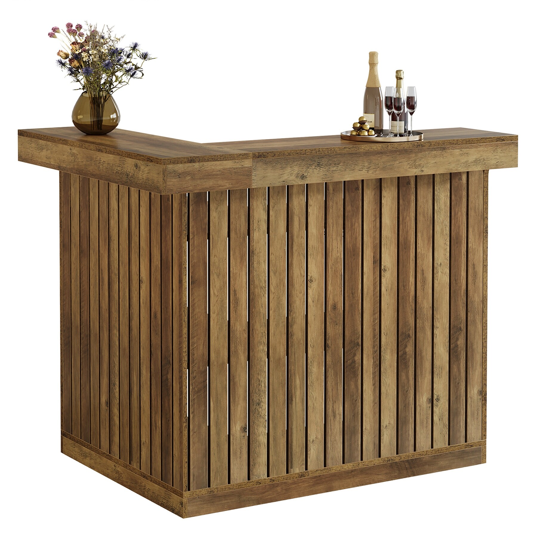 Home Bar Unit, Corner Liquor Bar Table with Storage Shelves & Wine