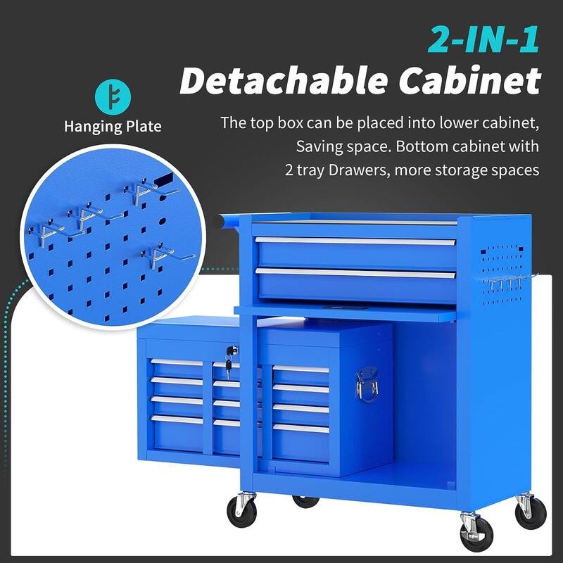 2 in 1 Rolling Tool Chest with Lock Tool Box Garage Storage Cabinet
