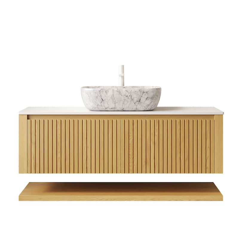 Floating Bathroom Vanity with Sink, Wall-Mounted Sintered Stone Countertop Bathroom Cabinet, Marble Pattern Ceramic Basin