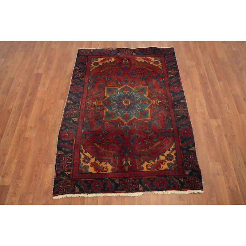 Hand Knotted Oriental 100% Wool Carpet Traditional Floral Red Heriz Area Rug - 4' 5'' X 3' 3''