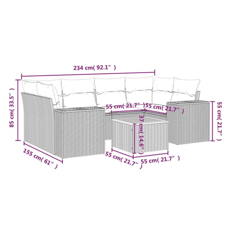 vidaXL Patio Sofa Set with Cushions Outdoor Furniture 7 Piece Poly Rattan - 24.4x 24.4x 27.2