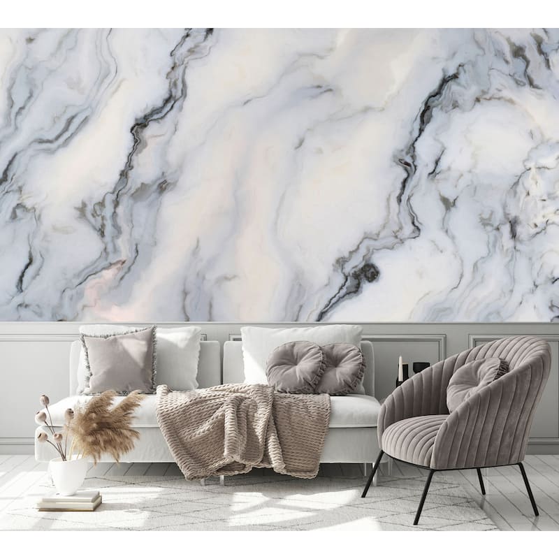 GK Wall Design White Marble Pattern With Curly Blue And Black Veins Removable Wallpaper